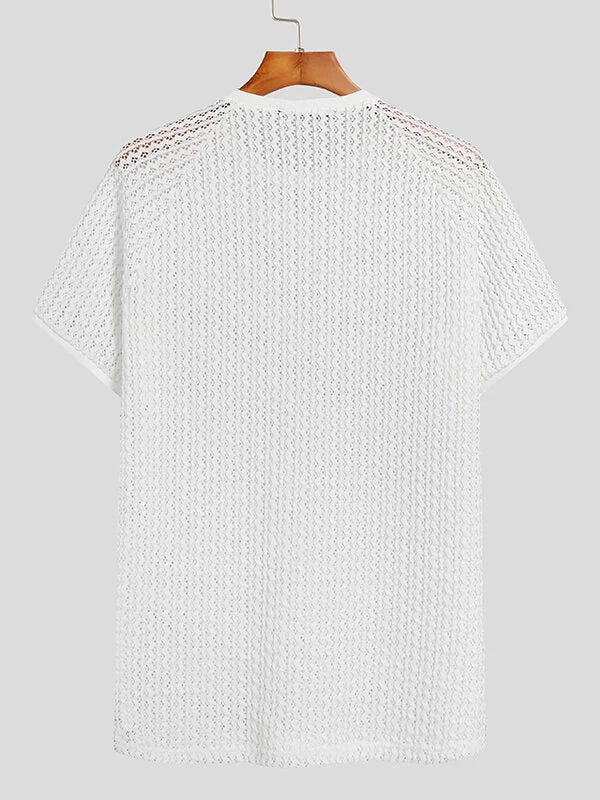 Mens Hollow Round Neck Short Sleeve T-Shirt