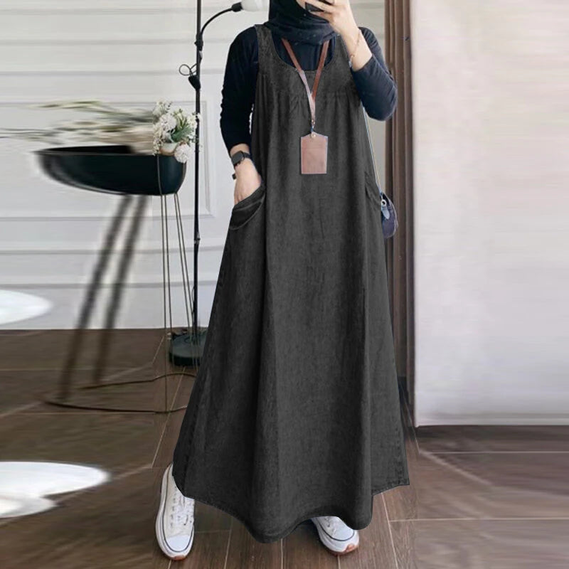 ZANZEA Women Fashion Denim Overalls Dress Summer Sleeveless Casual Loose Sundress Solid Color Maxi Dress With Pockets