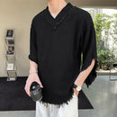 INCERUN Mens Raw Edge High-Low Hem T-Shirt Solid Color Wide Half Sleeve V-neck Tshirt Casual Top for Male S-5XL