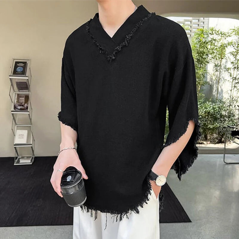 INCERUN Mens Raw Edge High-Low Hem T-Shirt Solid Color Wide Half Sleeve V-neck Tshirt Casual Top for Male S-5XL