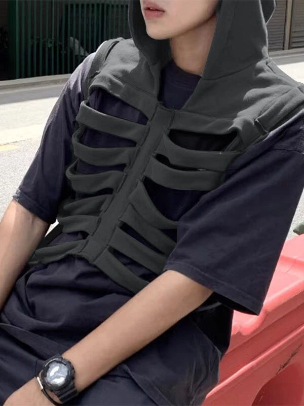 INCERUN Men Vests Skeleton Rib Deconstructed Design Hooded Sleeveless Streetwear Male Waistcoats Fashion Casual Vests Men S-5XL