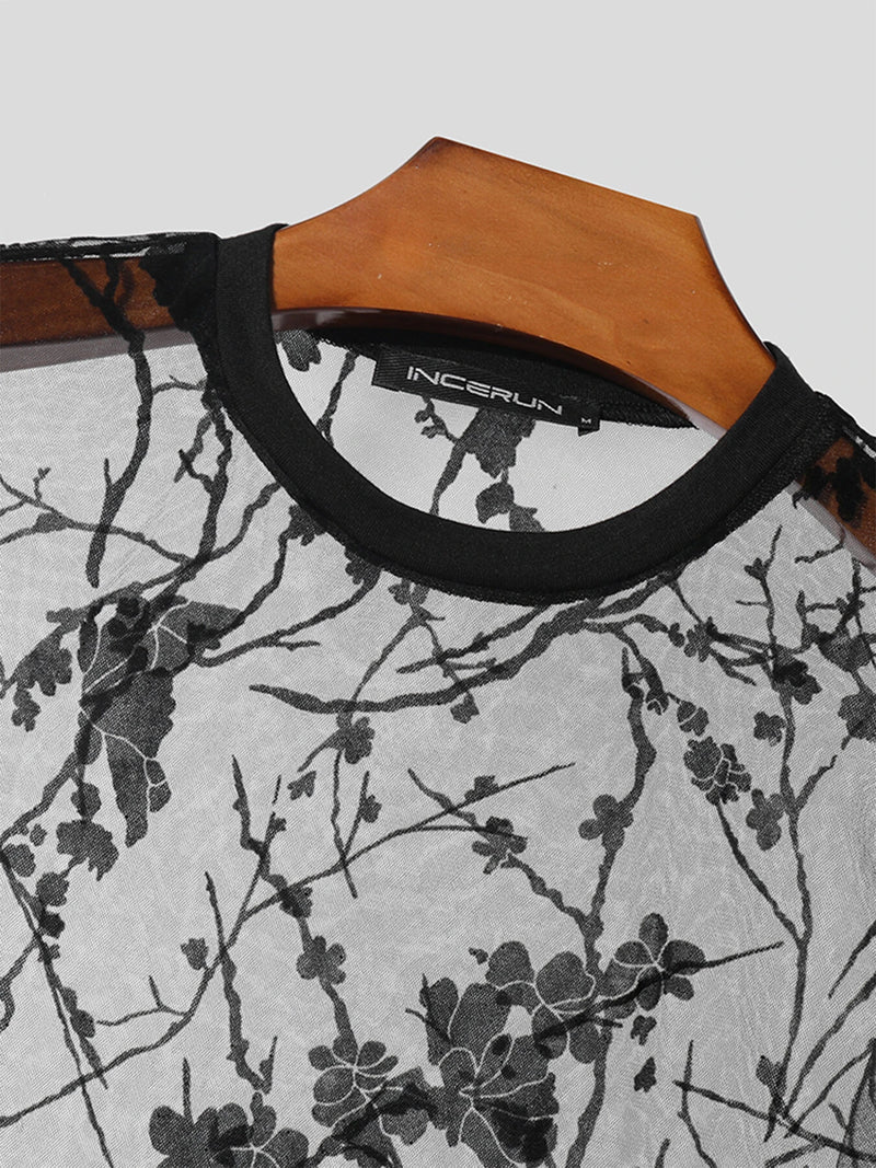 INCERUN Men T-shirts Fashion See-through Embroidered Flowers Mesh T-shirt Summer Mens Top Short Sleeve Streetwear Men Clothing