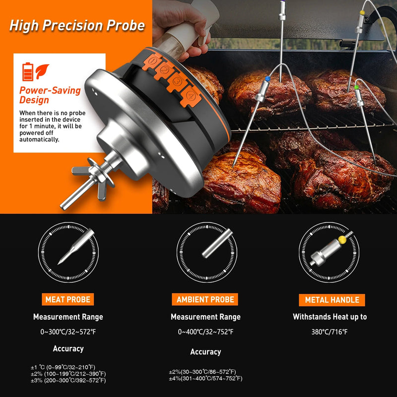Smart Digital Bluetooth Food Cooking Waterproof IP54 Bluetooth Wireless BBQ Remote Thermometer Probes Barbecue Thermometer Free App Control Time Alarm