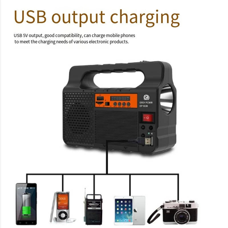 Portable Solar Generator with Solar Panel Radio BT Speaker Phone Charger Flashlight Power Station Built-in 3600mAh Rechargeable Battery for Outdoor Camping Emergency Illumination System with 3Pcs External Light Bulb