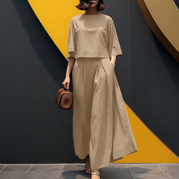 ZANZEA Korean Style Womens Elegant Sets Short Sleeve Blouse Top Wide Leg Loose Trousers Casual Suit