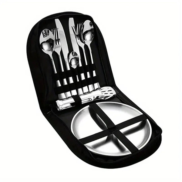 IPRee 11pcs Stainless Steel Flatware Set for Camping, Hiking & Outdoor Dining - Polished Finish Portable Cutlery Kit with Plates, Spoons, Forks, Travel Utensil Set for Picnics & Backpacking