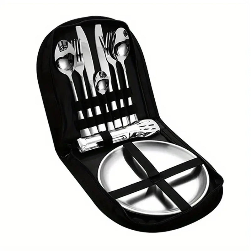 IPRee 11pcs Stainless Steel Flatware Set for Camping, Hiking & Outdoor Dining - Polished Finish Portable Cutlery Kit with Plates, Spoons, Forks, Travel Utensil Set for Picnics & Backpacking