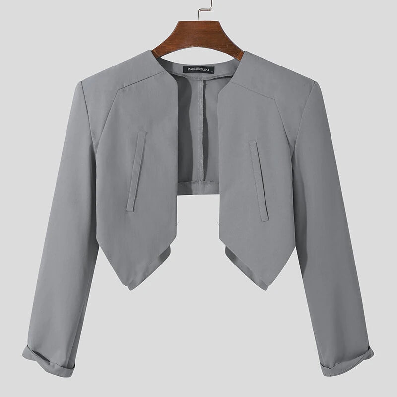 INCERUN Mens Blazer Simple Fashion Design Cut Off Suits Coats Solid Color Long Sleeve Blazer Casual Male Clothing Top
