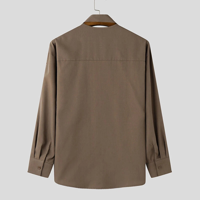 INCERUN Mens Tie Design Long Sleeve Shirt Casual Solid Color Fashion Design Men Top Loose Fit