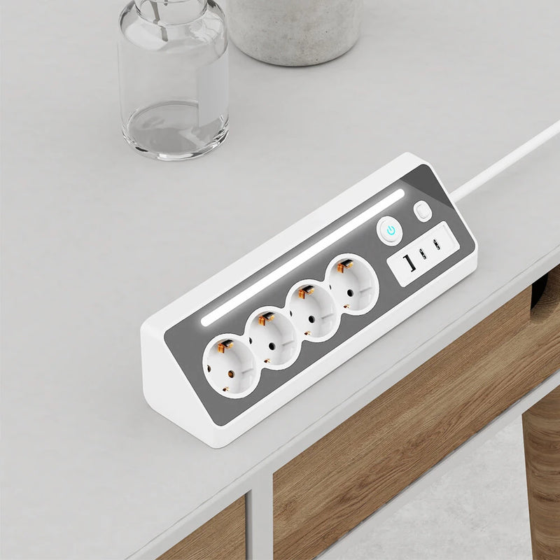 European Power Strip 4 Sockets with USB and Type-C Ports LED Light 3680W 250V 16A Flame Retardant PC Material 1.4m Cable