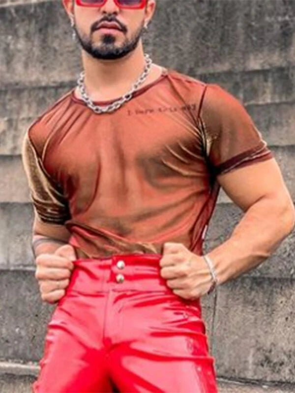 Men Shiny Shimmer Sheer Mesh See Through Short Sleeve T-Shirt