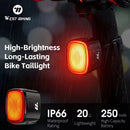 WEST BIKING High-Brightness Bike Taillight IP66 Waterproof Bicycle Rear Light with 6 Modes Long-Lasting 250mAh Battery Type-C Rechargeable Safety Light
