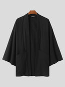 Mens Solid Cotton Loose 3/4 Sleeve Kimono