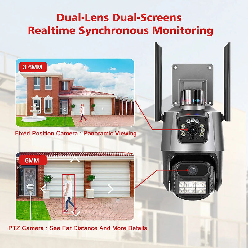 3MP+3MP Dual Lens Wifi Camera Outdoor Dual-Screen AI Auto Tracking PTZ IR Color Night Vision Onvif 2-Way Audio Surveillance Camera iCSee