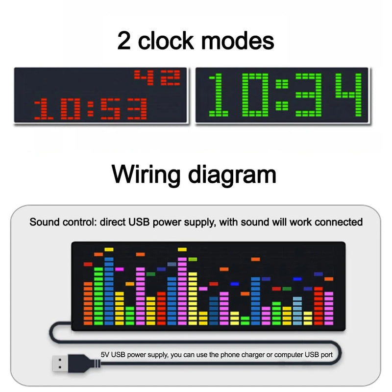 Dynamic LED Music Spectrum Clock Picking Lamp Voice Control Wire Control LED Music Spectrum Rhythm Display RGB Light Electronic Clock Voice Activated Car Audio Level Indicator VU Meter Atmosphere Lamp