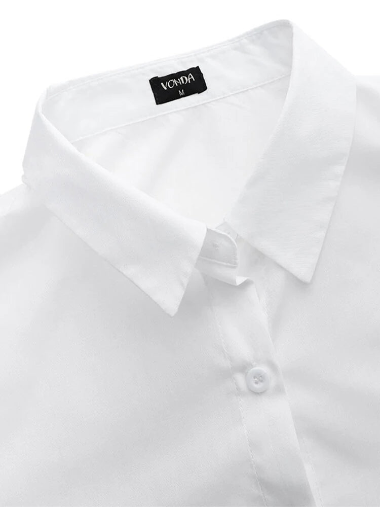 Women Casual Turn-down Collar Flare Sleeve Solid Color Blouse