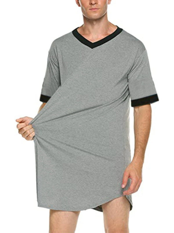 Mens Vintage V Neck Breathable Light Solid Color Mid Long Casual Shirts