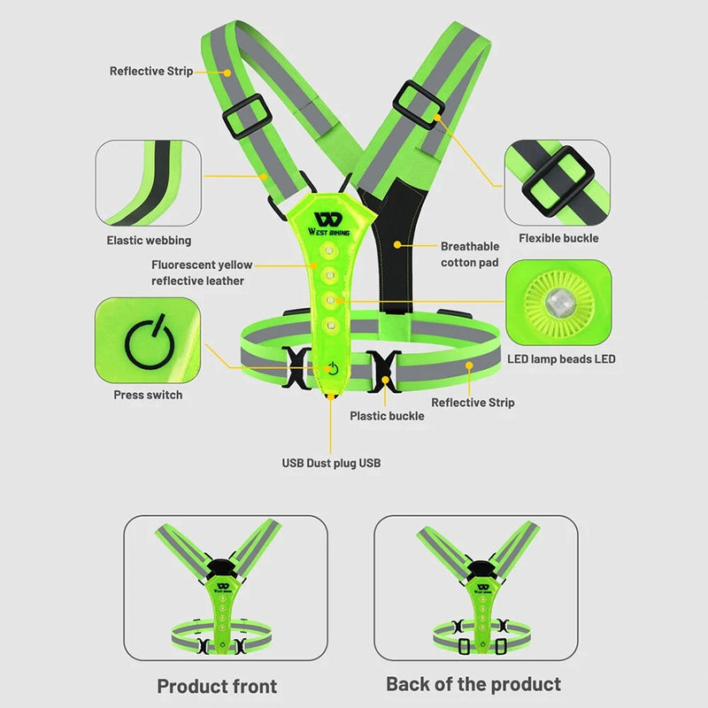 WEST BIKING Night Cycling Clothing 4 LED Beads Type-C Rechargeable Adjustment Running Light Reflective Sports Vest for Safe Warning Riding
