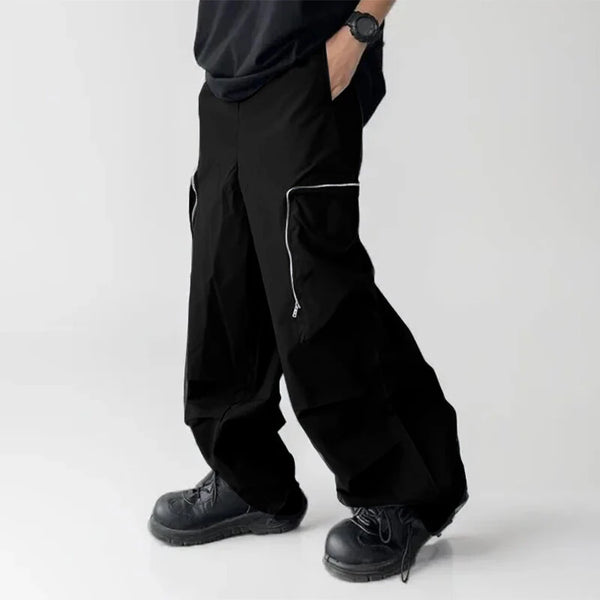 INCERUN Mens Zipper Big Pocket Pleated Design Pant Wide Legged Trousers Casual Solid Color Elastic Waist Pant S-5XL