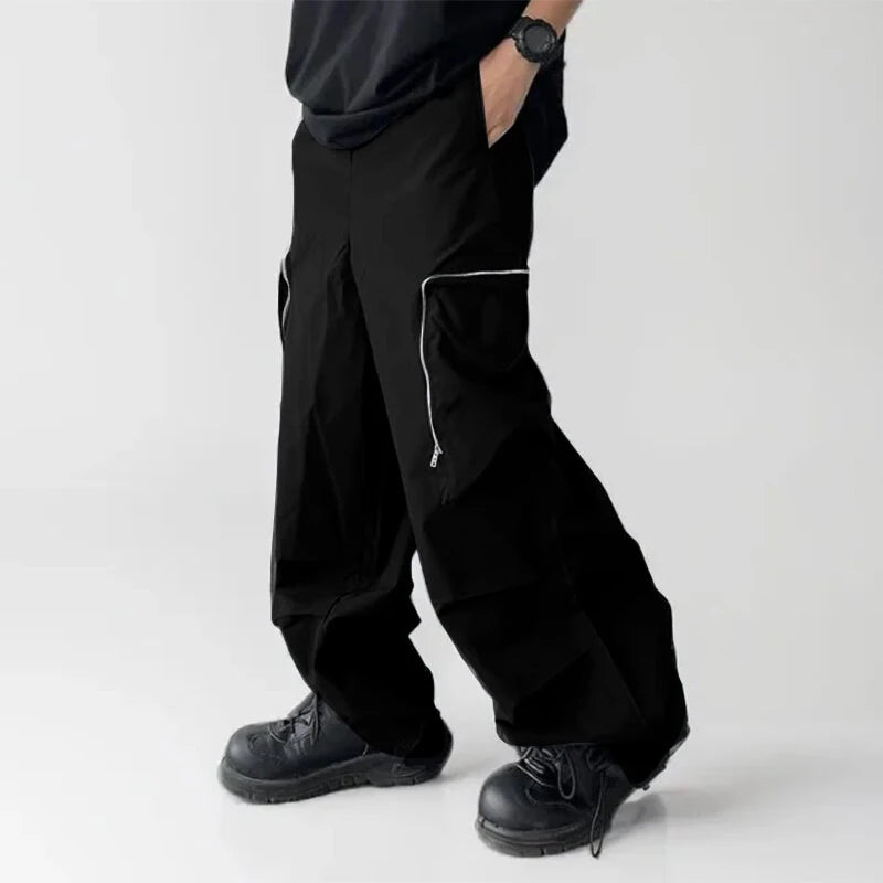 INCERUN Mens Zipper Big Pocket Pleated Design Pant Wide Legged Trousers Casual Solid Color Elastic Waist Pant S-5XL