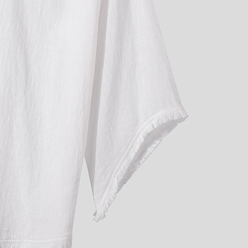 INCERUN Mens Raw Edge High-Low Hem T-Shirt Solid Color Wide Half Sleeve V-neck Tshirt Casual Top for Male S-5XL