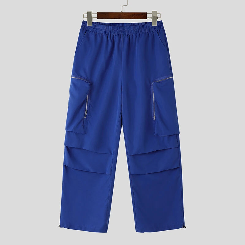 INCERUN Mens Zipper Big Pocket Pleated Design Pant Wide Legged Trousers Casual Solid Color Elastic Waist Pant S-5XL