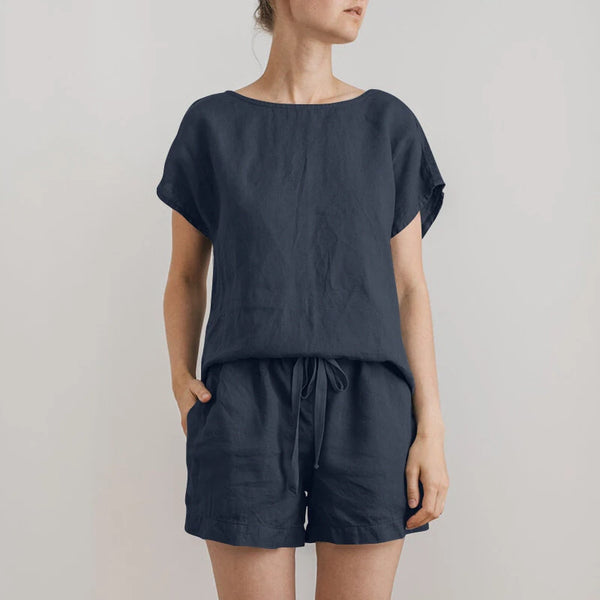 ZANZEA Plus Size Women Cotton Linen Two Set Solid Elastic Waist Pocket Short Sleeve Blouses and Short Casual Summer Two-Piece Set