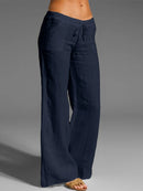 Wide Leg Women Loose Cotton Pure Color Elastic Waist Trousers Pants