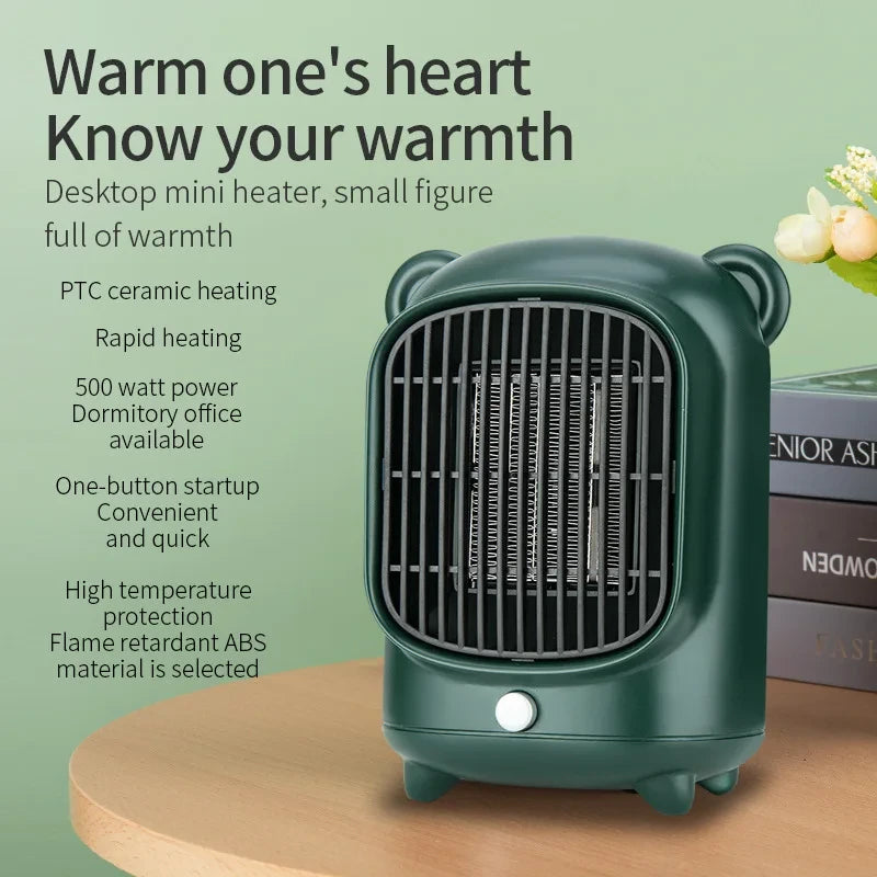 500W Portable Mini Desk Heater Warmer Fan Electric Space Heater Heating Fan PTC Ceramic Heating Elements for Office Home Energy Efficient Indoor