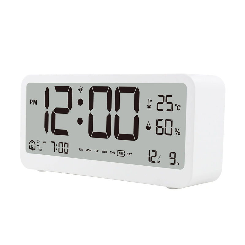 LCD Smart Digital Alarm Clock with Large Display Thermometer Hygrometer Anti-Slip Bottom with Night Light Battery Operated Safe Rounded Corners Design for Home Office Bedroom