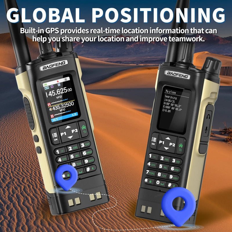 Baofeng UV32 10W GPS Walkie Talkies Sand Color Custom Two Way Radio Multi-Band Bluetooth APP Programming Tri-Power 2.0" TFT Screen NOAA Weather Reception