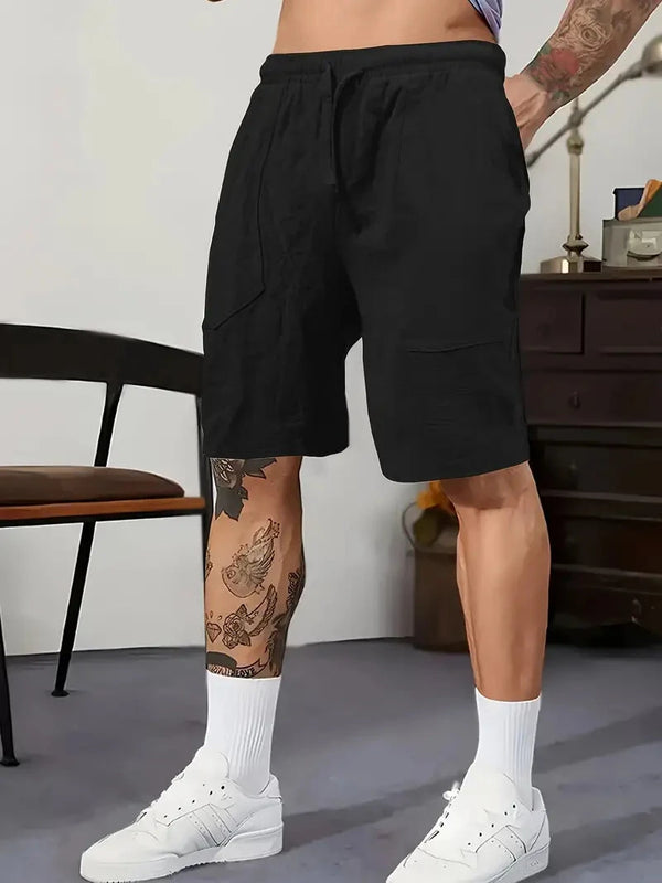 Men's Summer Cotton Linen Shorts Breathable Solid Black Drawstring Plus Size Beach Shorts Lightweight Casual Short Pants for Men Comfortable