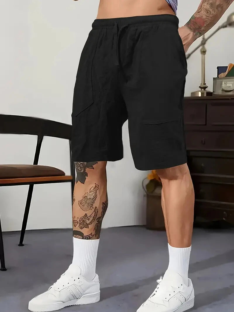 Men's Summer Cotton Linen Shorts Breathable Solid Black Drawstring Plus Size Beach Shorts Lightweight Casual Short Pants for Men Comfortable