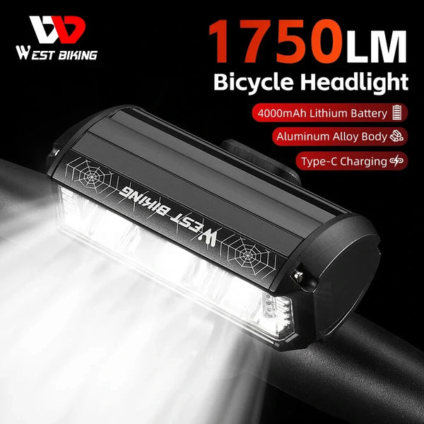 WEST BIKING 1750Lm Super Brightness Bike Headlights 4000mAh Battery Waterproof 4 Light Modes Type-C Rechargeable Aluminum Alloy Mini Front Light for Electric Bike Scooter MTB Bicycle