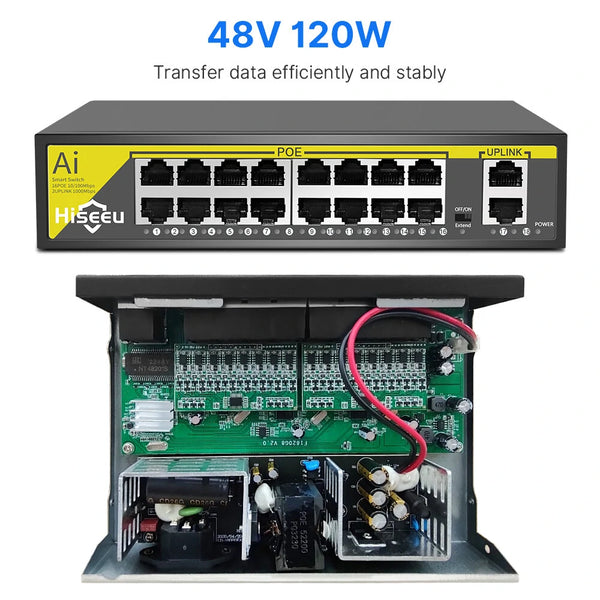 Hiseeu 48V 8/16CH POE Ports Switch Ethernet 10/100Mbps IEEE 802.3 af at for IP Camera CCTV Security Camera System/Wireless AP ft EU Plug