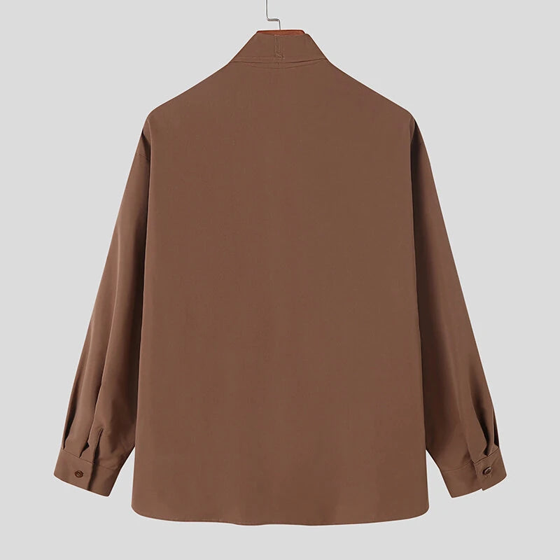 INCERUN Mens Solid Irregular Neck Long Sleeve Shirt Fashion Casual Solid Color Shirt Top for Men