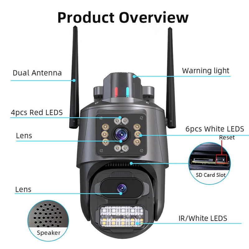 3MP+3MP Dual Lens WiFi Security Camera 5X Zoom Dual Screen PTZ Camera  ICSEE APP Outdoor Auto Tracking Color Night Vision AI Human Detection Two-Way Audio IP66 Waterproof Surveillance Camera