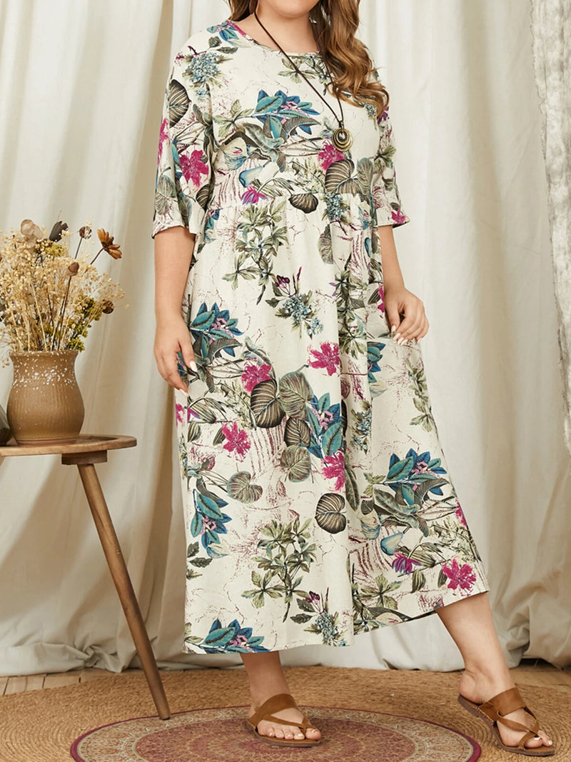 ZANZEA Plus Size Women Beach Long Dress Retro Floral Printed Round Neck Three Quarter Sleeve Pleated Beach Maxi Dresses