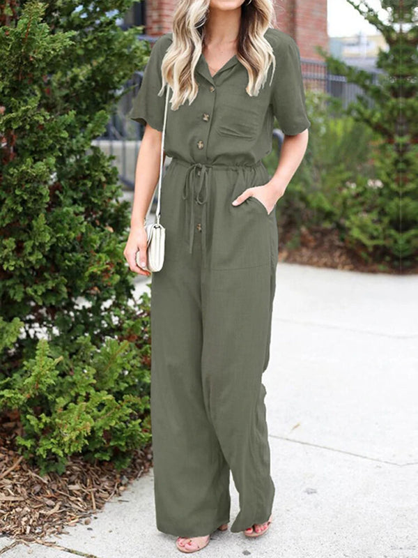 Women Button Front Camp Collar Cargo Style Short Sleeve Jumpsuits With Pocket