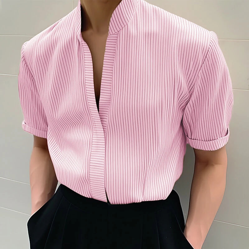 INCERUN Mens Shirt Striped Stand Collar Short Sleeve Top Shirts Summer Daily Casual Male Clothing Solid Color Shirts