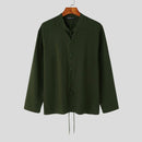 INCERUN Mens V Neck Long Sleeve Shirt Fashion Solid Color Lace Up Top Shirt for Male