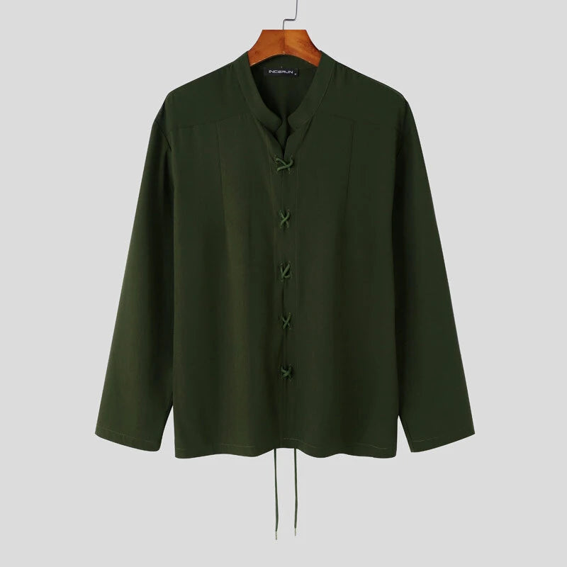 INCERUN Mens V Neck Long Sleeve Shirt Fashion Solid Color Lace Up Top Shirt for Male