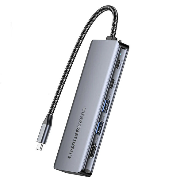 ESSAGER 6-in-1 Type-C Docking Station with M.2 NVMe Enclosure / USB3.2 Gen2*2 / PD100W USB-C / USB-C Data / HD1.4 Multiports Splitter Adapter for PC Laptop TV Computer