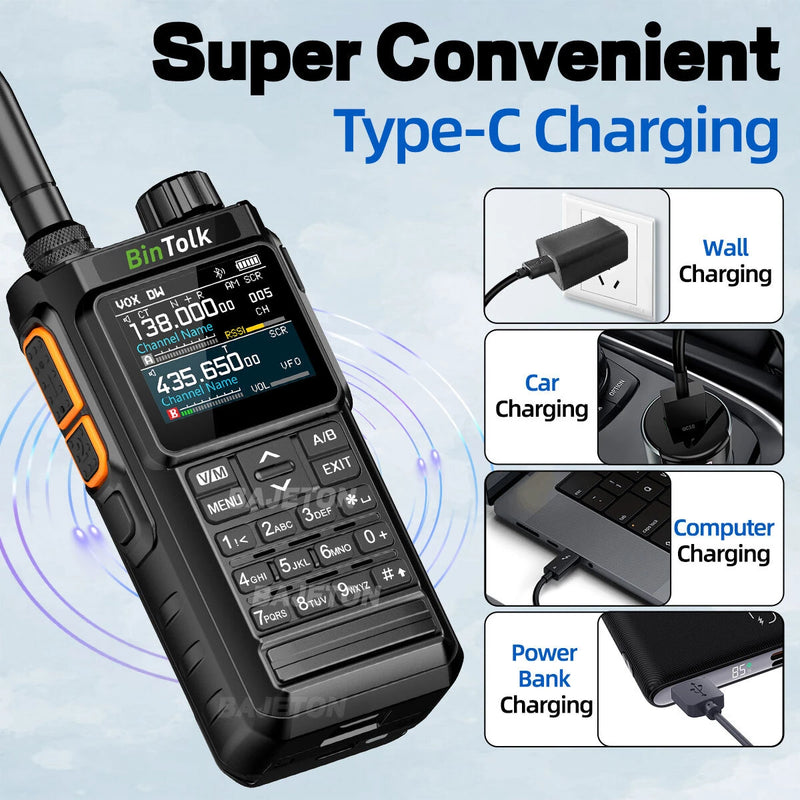 BinTolk BT7700 Walkie Talkie Multi Band Wireless Bluetooth Phone Programming Noise Reduction AM FM Type-C Charging Ham Radio for Outdoor Camping