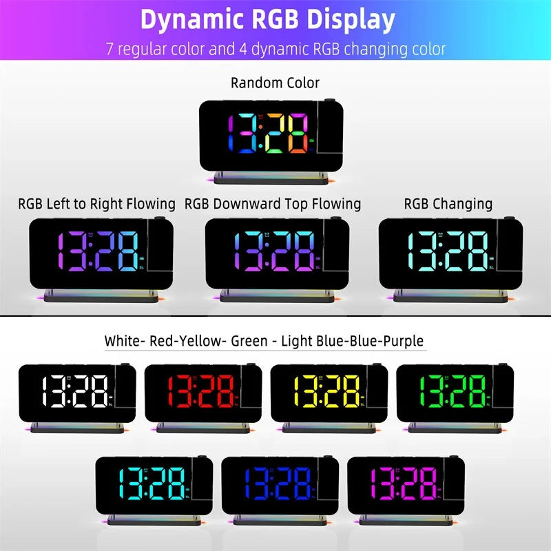 180  Rotation RGB Colorful Night Light Radio Projection Clock Projection Digital Alarm Clock With Night Light 2 USB Output Port 12H/24H FM Radio Time Projector LED Clock