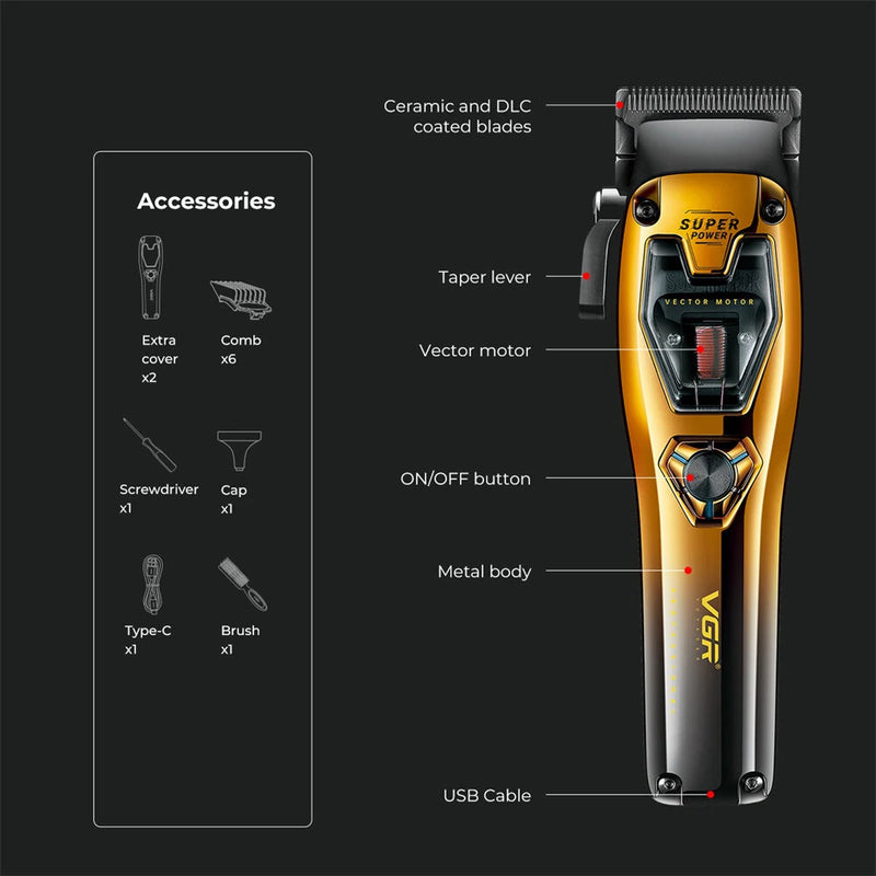 VGR V-668 Hair Clipper Kit 2500mAh Battery Vector Motor 8000~11000RPM Adjustable Taper Lever USB Rechargeable Ceramic DLC Blades for Men