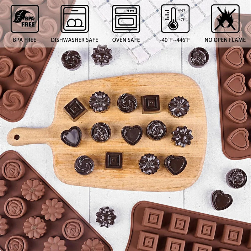 4PCS Food-Grade Silicone Material Chocolate Molds Set Rose Flower Heart Chocolate Mould Waffle Candy Ice Cube Jelly Handmade Soap Cake Decoration Baking Mold