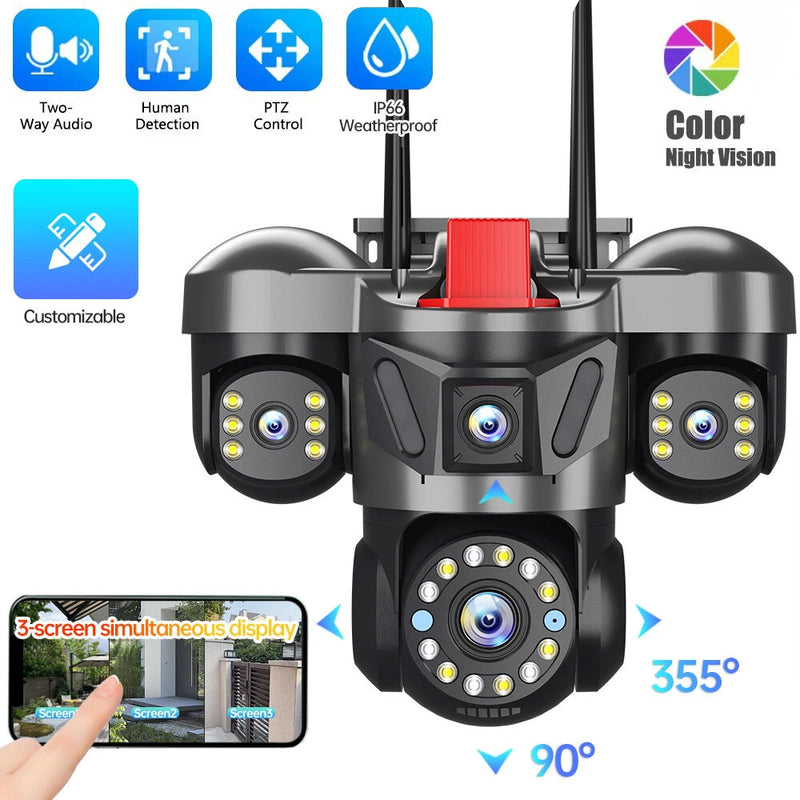 Guudgo 6MP Triple Lens Security Camera Wireless Outdoor WiFi 360 View 10X Zoom Color Night Vision Human Detect 2 Way Audio IP66 Waterproof CCTV Cameras