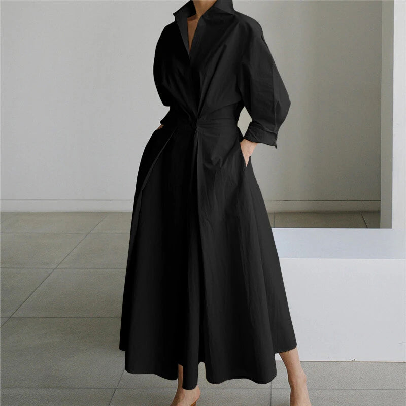 ZANZEA Women Fashion Autumn Sundress Elegant Women Lapel Neck Long Sleeve Solid OL Vestidos Robe Femme Long Shirt Dress Oversized