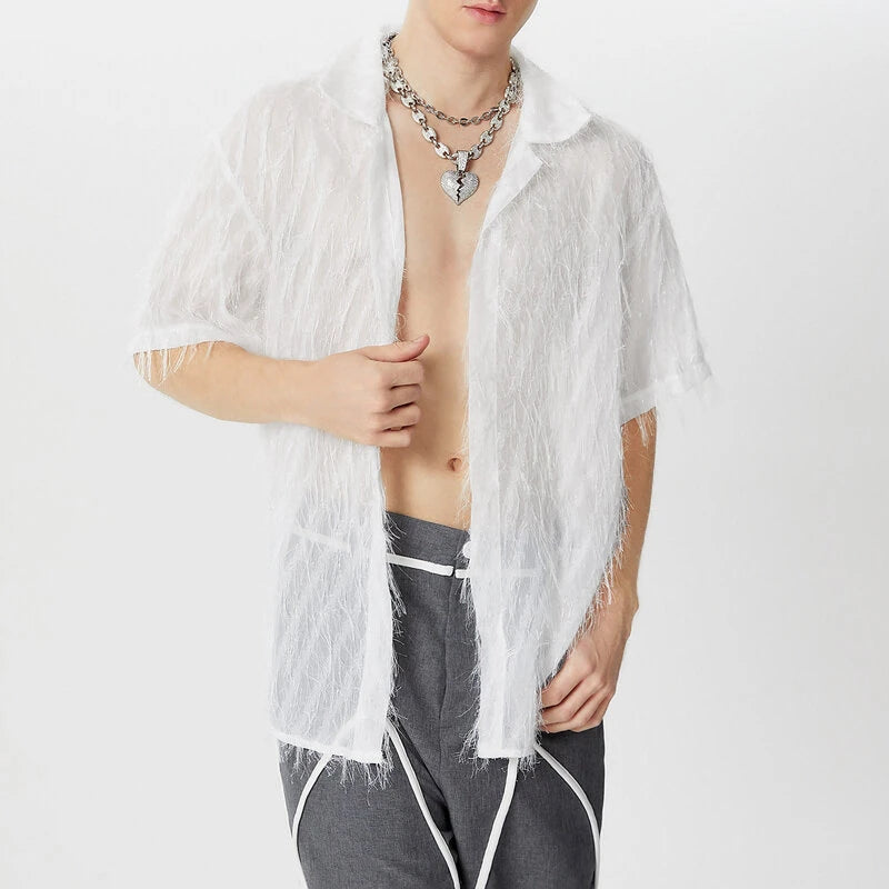 INCERUN Mens Shirts Fringed Chiffon White Shirt V-neck Lapel Short Sleeve Shirt Solid Color Men Clothing